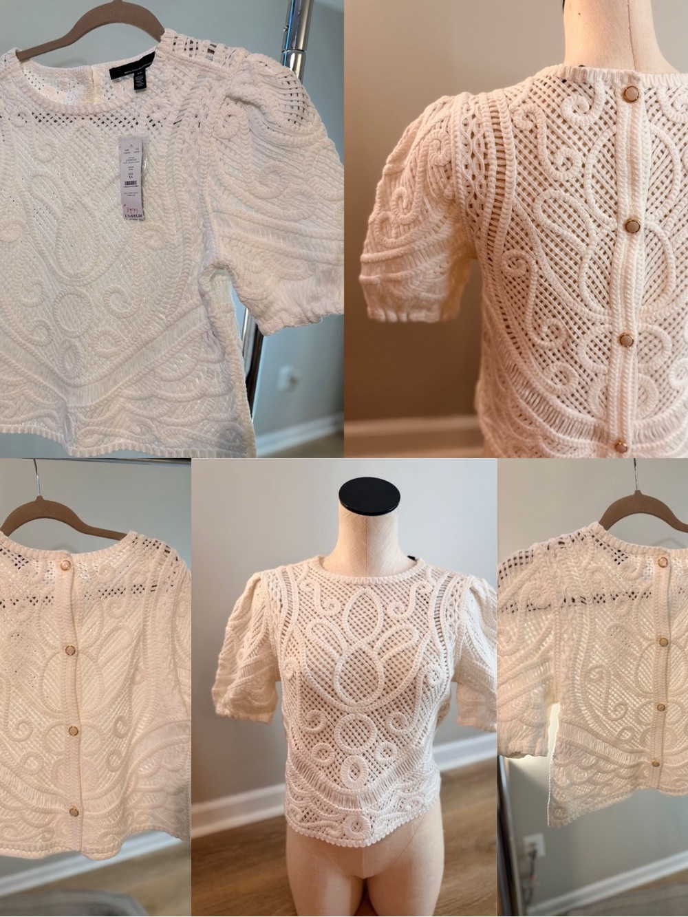 White House Black Market Ivory Crochet Puff-Sleeve Top